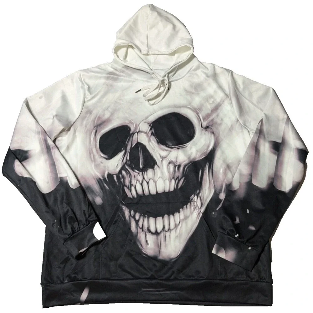 SKULL Allover 3D Print Men 2XL Poly Spandex‎ Blend White Black  Hoodie